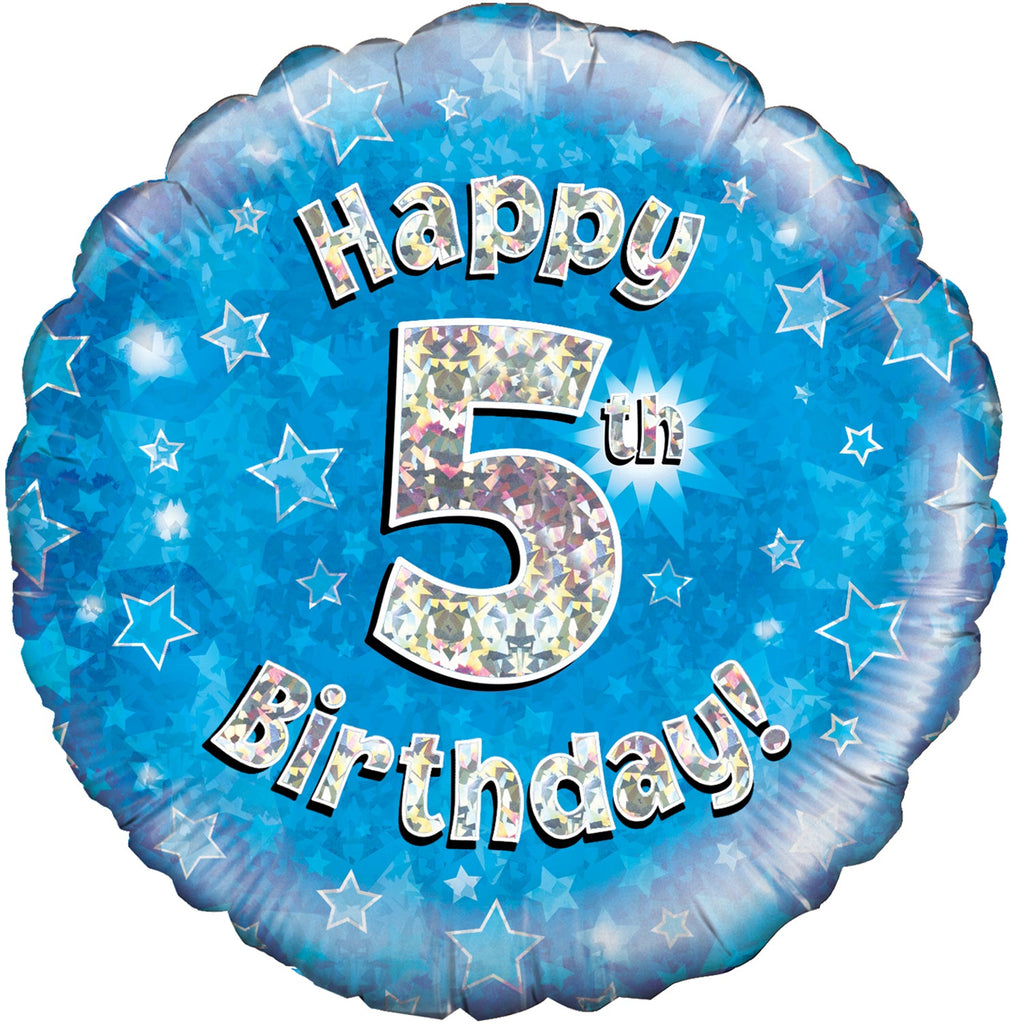 18" Happy 5th Birthday Blue Holographic Oaktree Foil Balloon