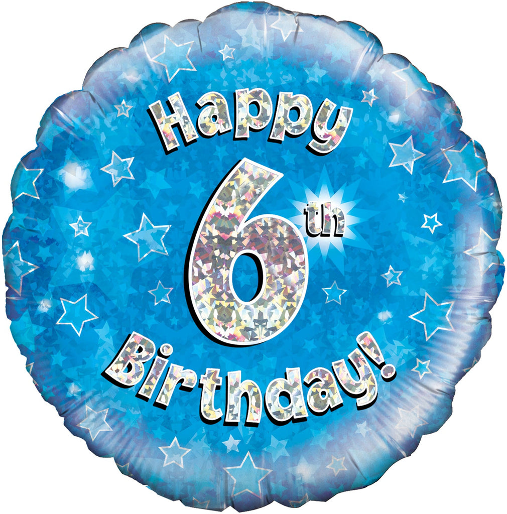 18" Happy 6th Birthday Blue Holographic Oaktree Foil Balloon