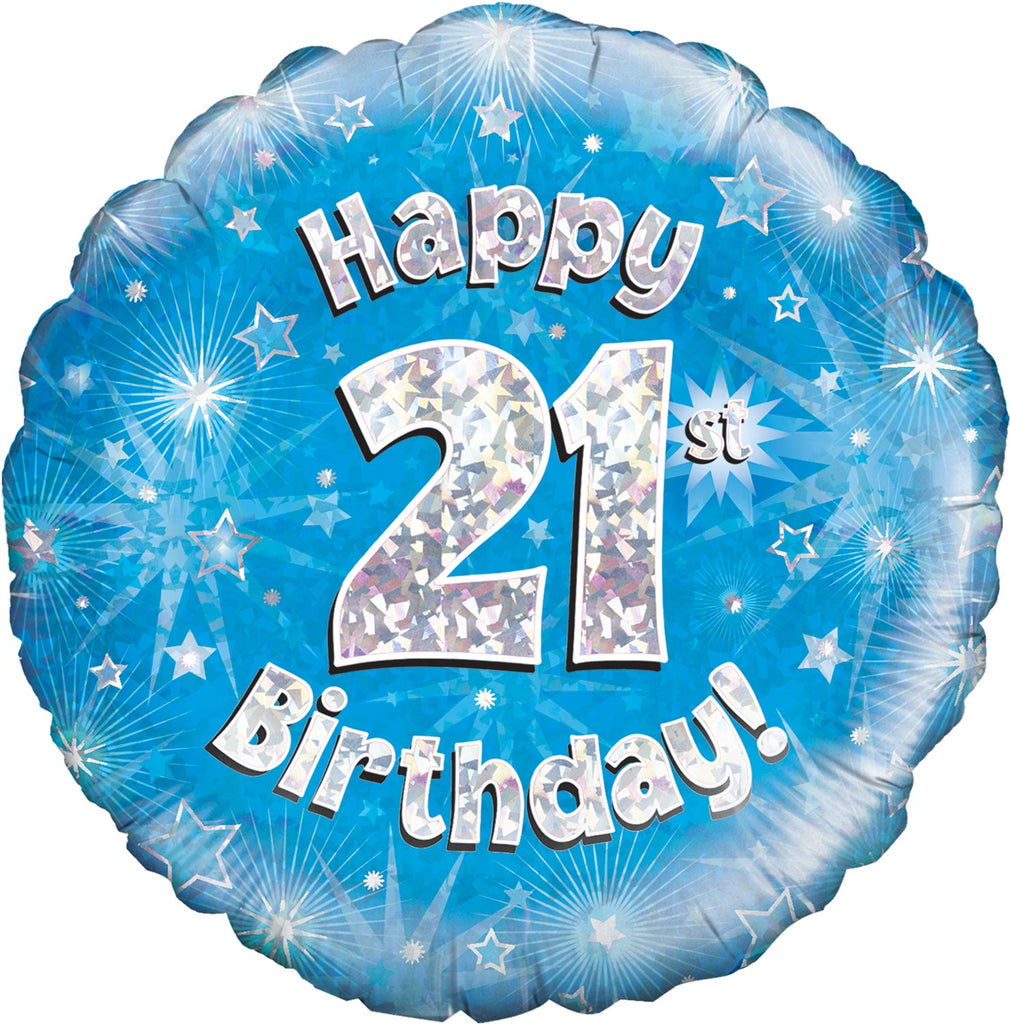 18" Happy 21st Birthday Blue Holographic Oaktree Foil Balloon