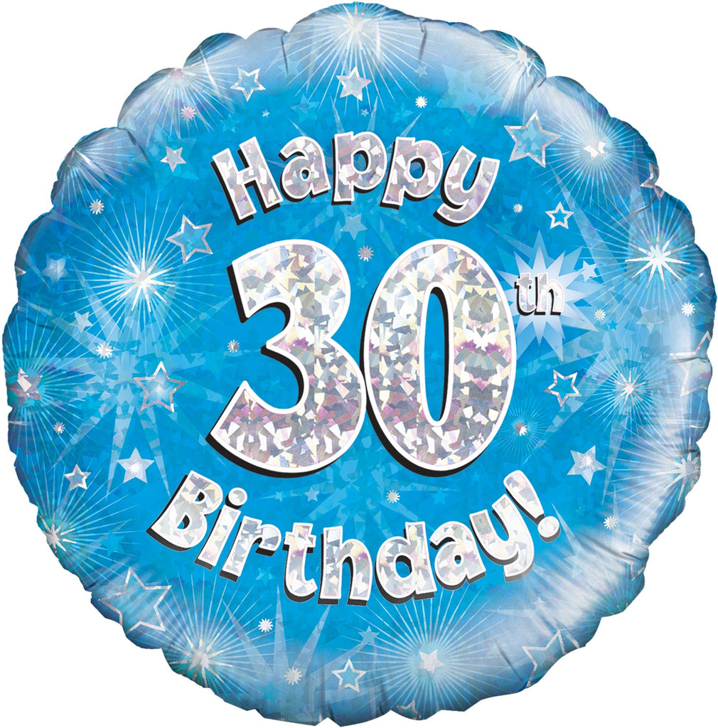 18" Happy 30th Birthday Blue Holographic Oaktree Foil Balloon