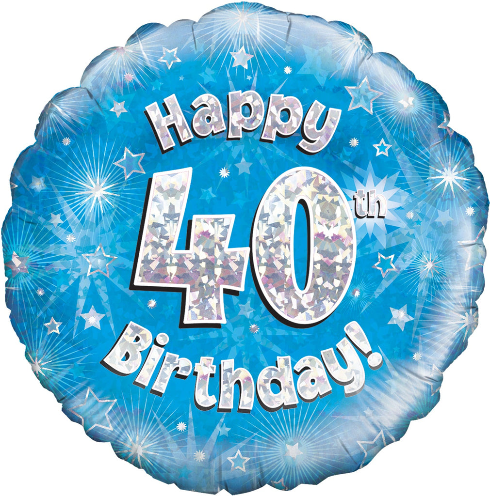 18" Happy 40th Birthday Blue Holographic Oaktree Foil Balloon