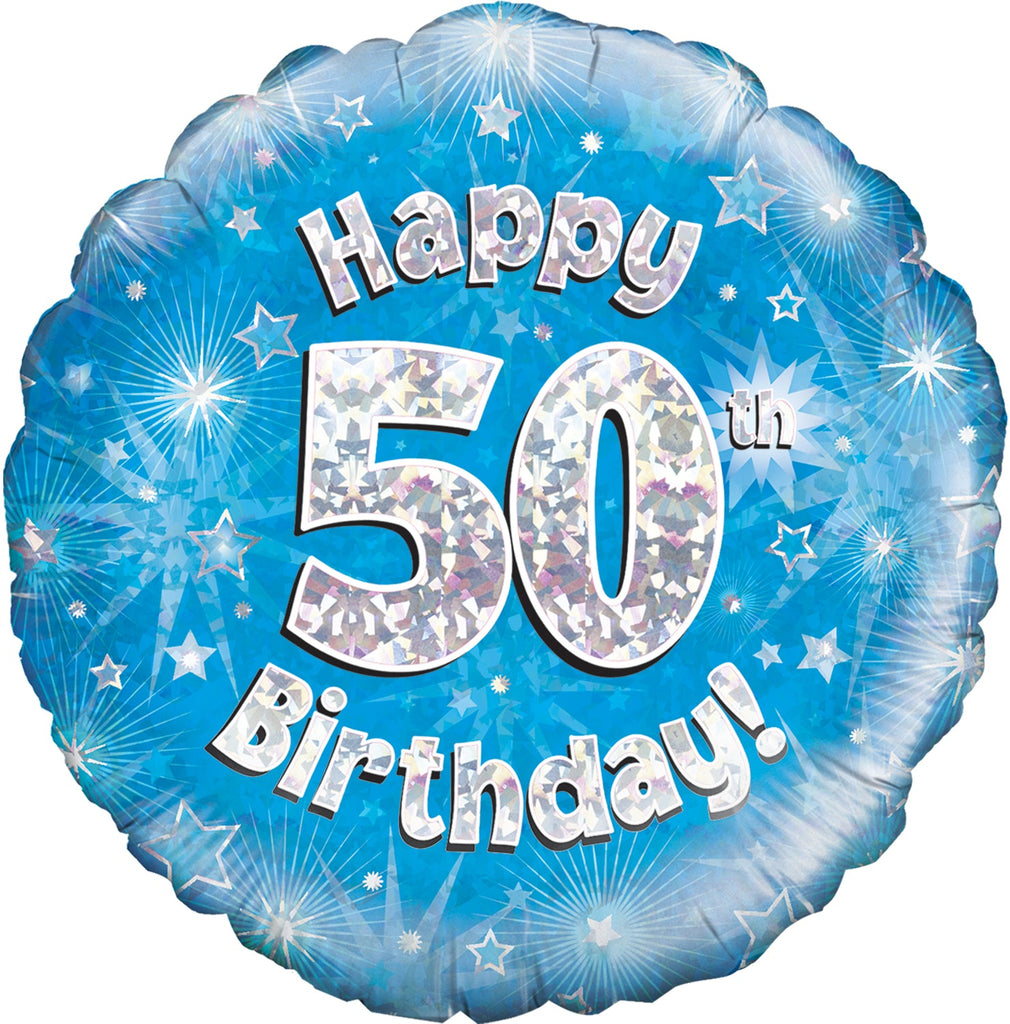 18" Happy 50th Birthday Blue Holographic Oaktree Foil Balloon