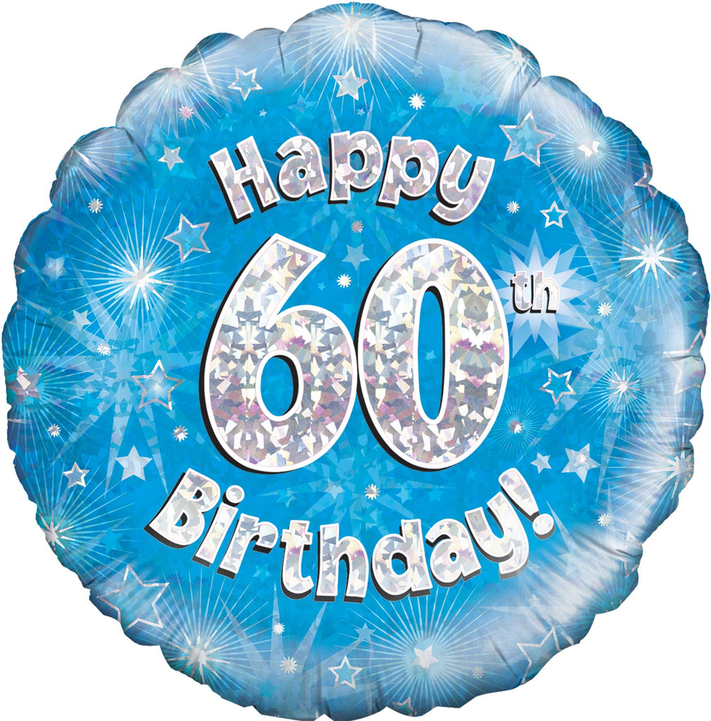 18" Happy 60th Birthday Blue Holographic Oaktree Foil Balloon