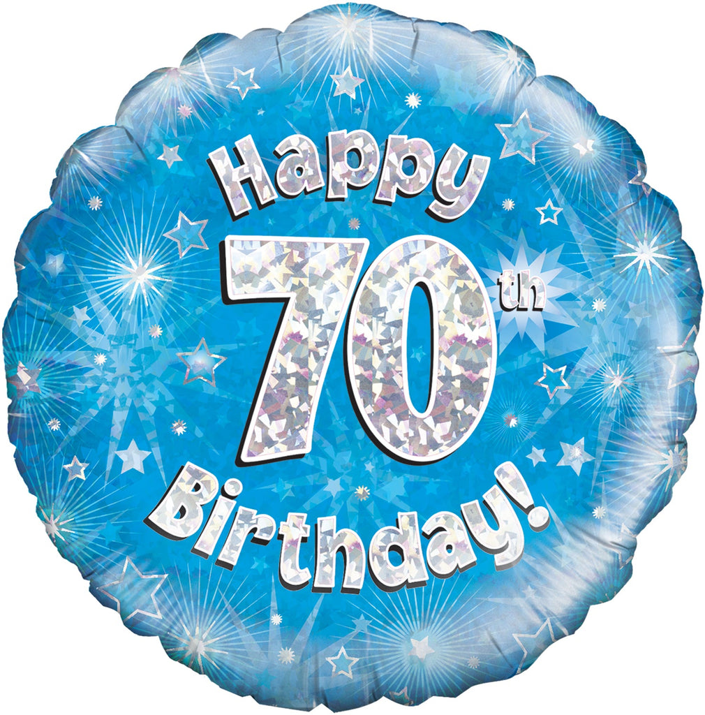 18" Happy 70th Birthday Blue Holographic Oaktree Foil Balloon