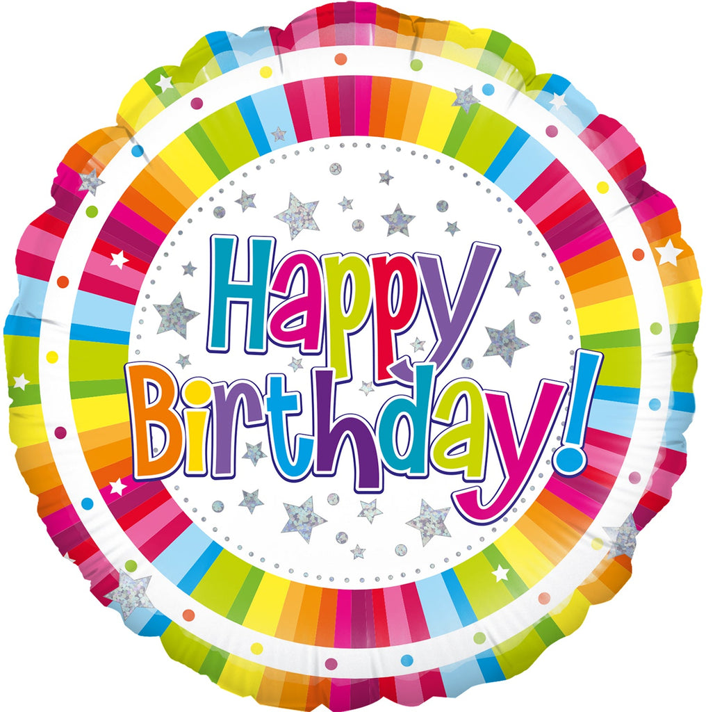 18" Bright Stripe Birthday Holographic Oaktree Foil Balloon