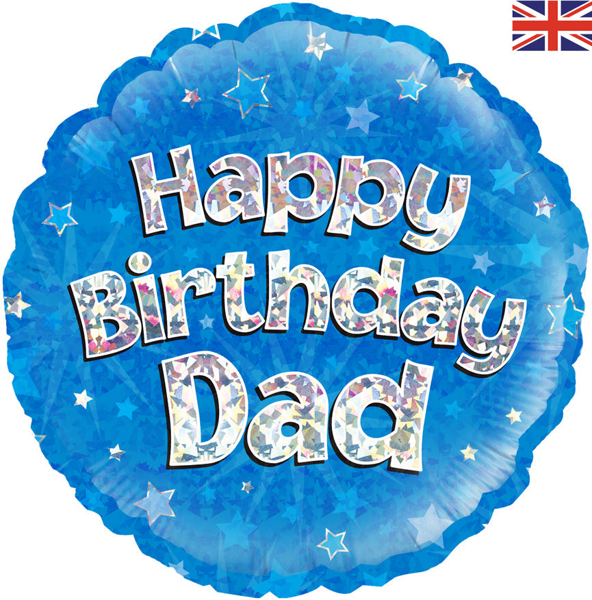 18" Happy Birthday Dad Blue Holographic Oaktree Foil Balloon