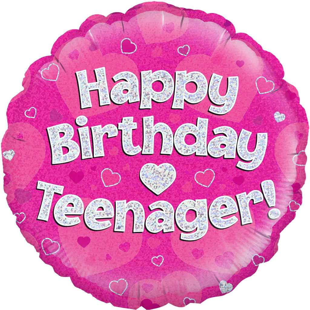 18" Happy Birthday Teenager Pink Holographic Oaktree Foil Balloon