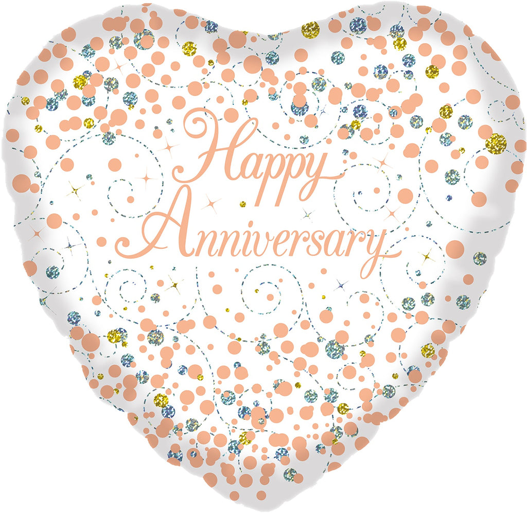 18" Sparkling Fizz Happy Anniversary White & Rose Gold Holographic Oaktree Foil Balloon