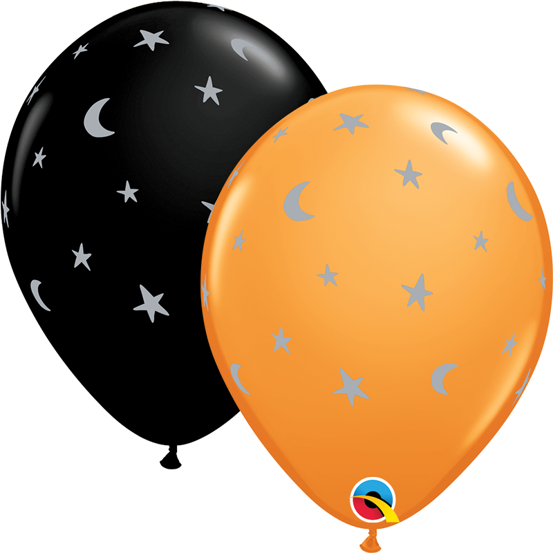 11" Crescent Moons & Stars Orange and Black (50 Per Bag) Latex Balloons