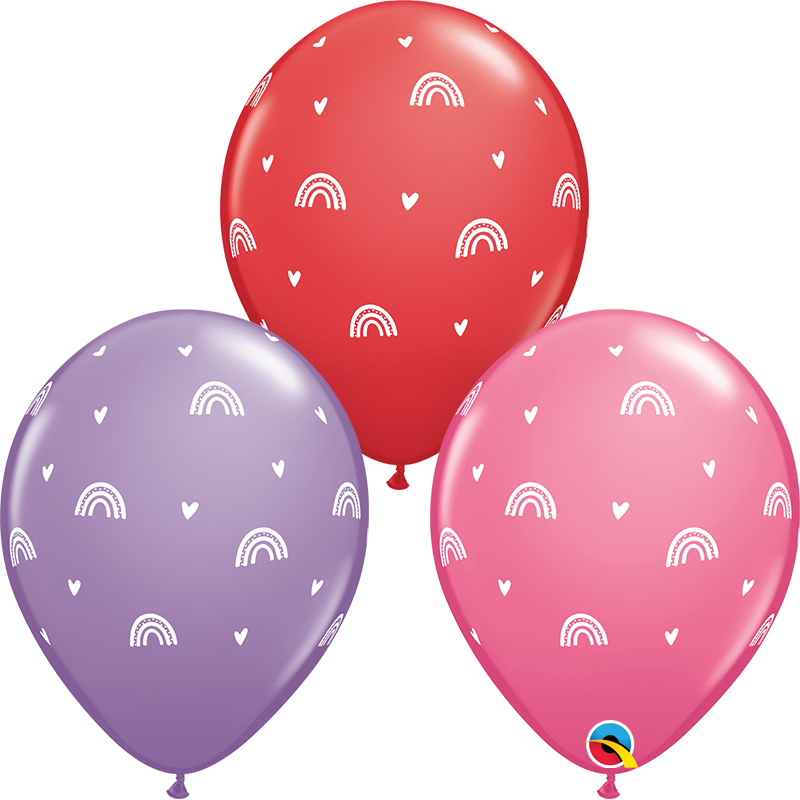 11" Boho Rainbows & Hearts Latex Balloons (50 Per Bag)