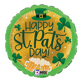 18" Max Float Round Balloon St. Pat's Beer And Shamrocks Foil Balloon