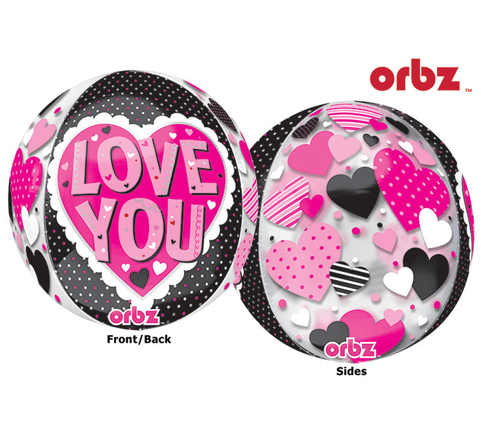 16" Orbz Multi-Film Love You Black & Pink Balloon Packaged