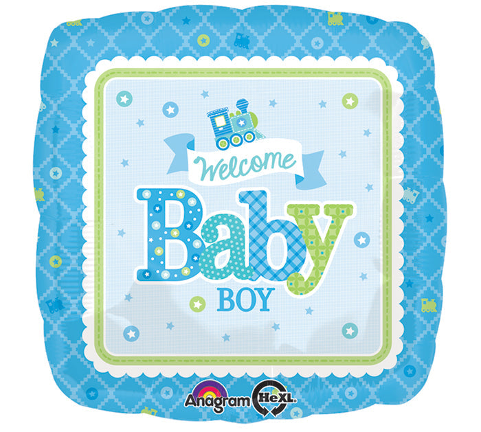 18" Welcome Baby Boy Train Balloon Packaged
