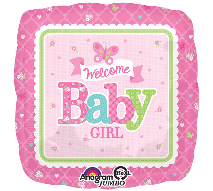 28" Jumbo Welcome Baby Girl Butterfly Balloon Packaged