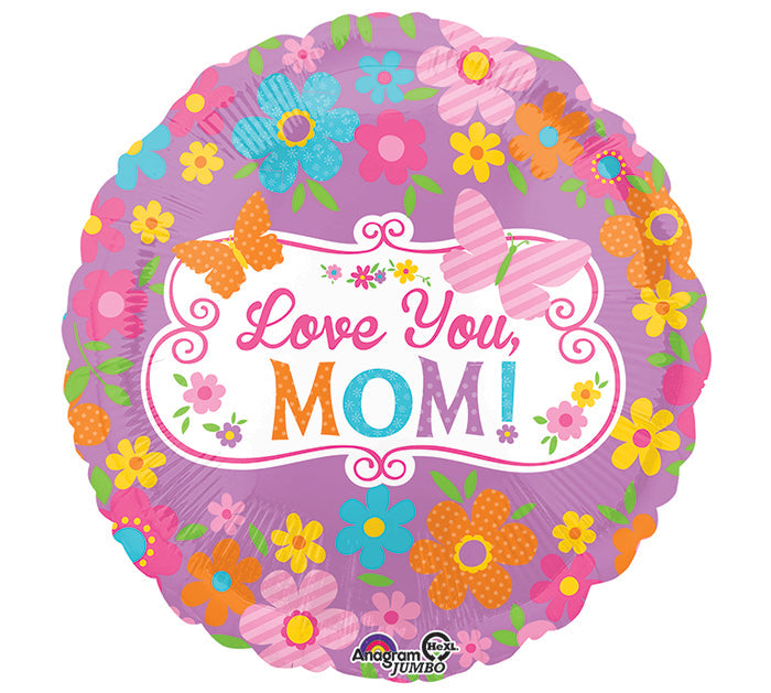 28" Jumbo Love Mom Flowers & Butterflies Balloon Packaged