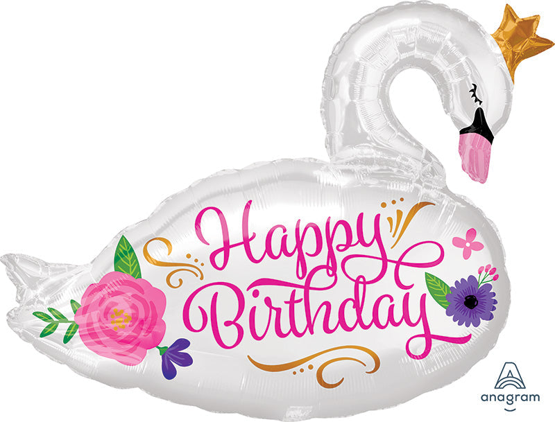 29" Jumbo Happy Birthday Beautiful Swan Foil Balloon