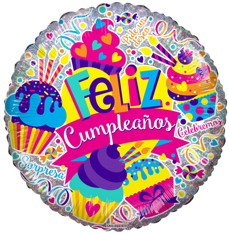 18" Feliz Cumple Cupcakes Holographic (Spanish) Foil Balloon