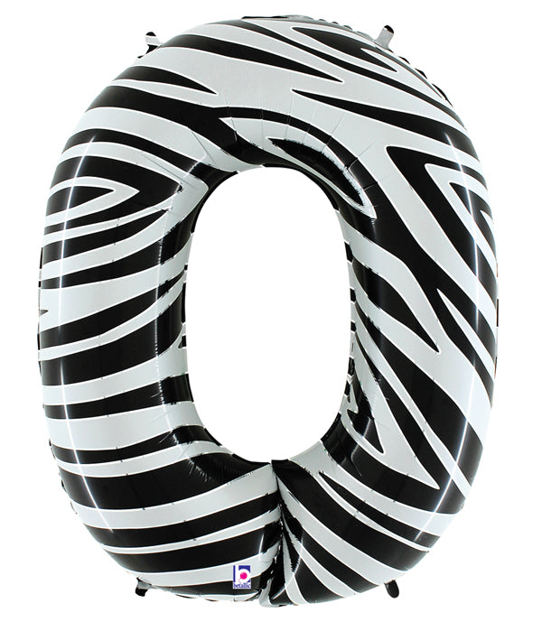 40" Zebra Foil Shape Polybagged Number 0 Balloon