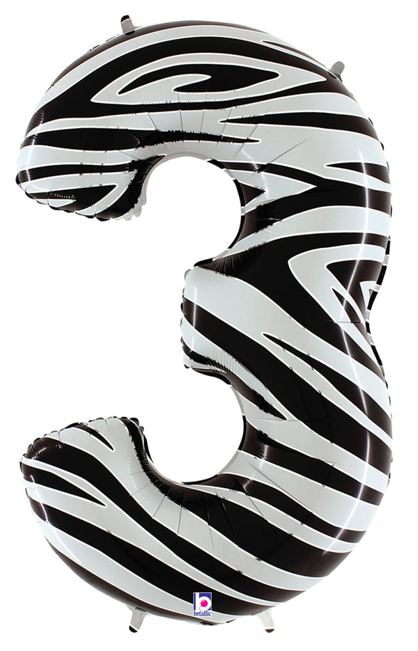 40" Zebra Foil Shape Polybagged Number 3 Balloon