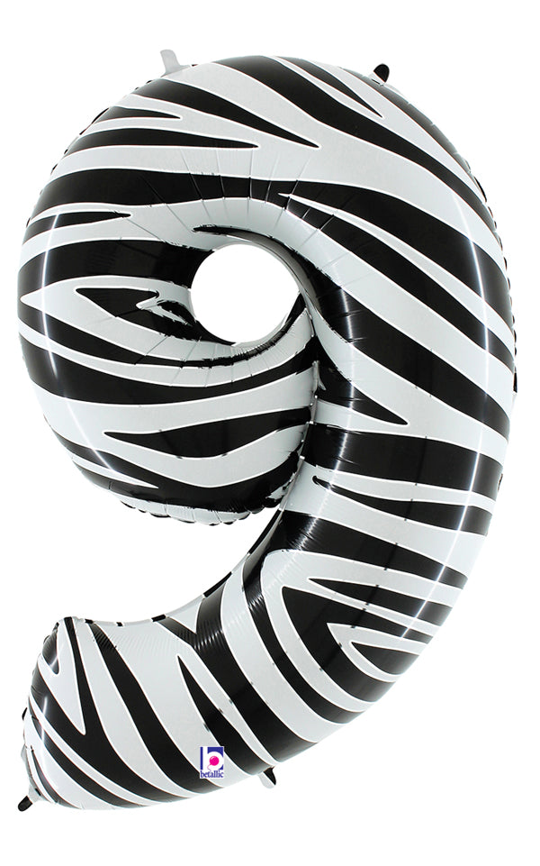 40" Zebra Foil Shape Polybagged Number 9 Balloon