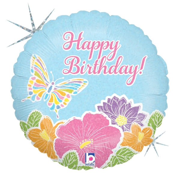 18" Holographic Balloon Packaged Pastel Butterfly Birthday