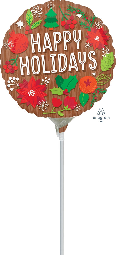 9" Airfill Only Woodgrain Happy Holidays Foil Balloon