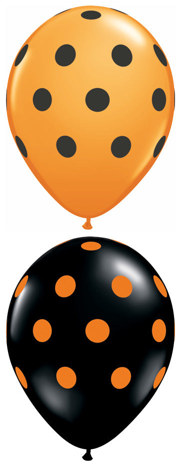 11" Big Polka Dots Assorted Orange, Black (50 Per Bag) Latex Balloons