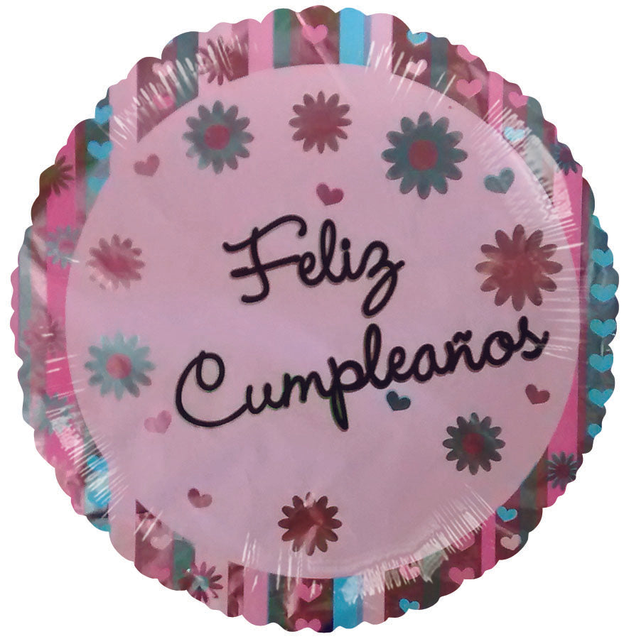 9" Airfill Only Feliz Cumpleanos Daisies Hearts Pink Balloon (Spanish)