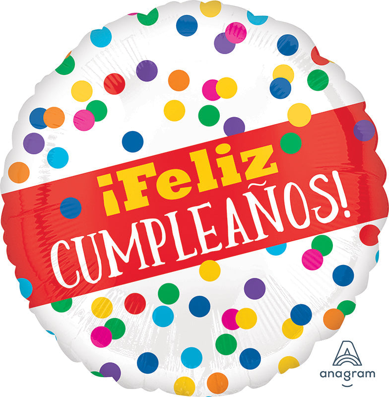 18" Feliz Cumpleaños Primary Dots Foil Balloon (Spanish)