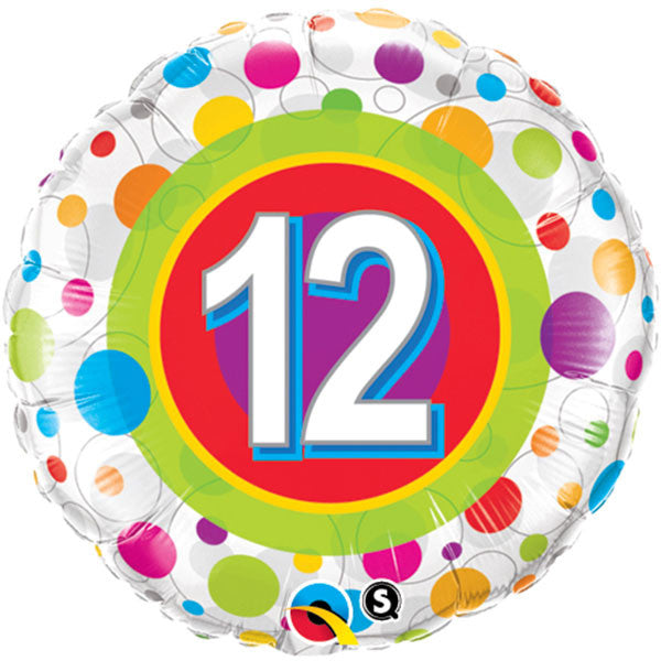 18" Age 12 Colourful Dots Packaged Mylar Balloon