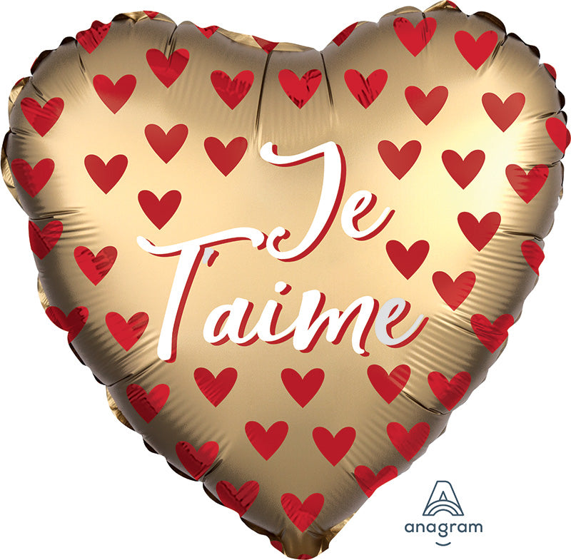 18" Je t'aime Satin Red Hearts Foil Balloon