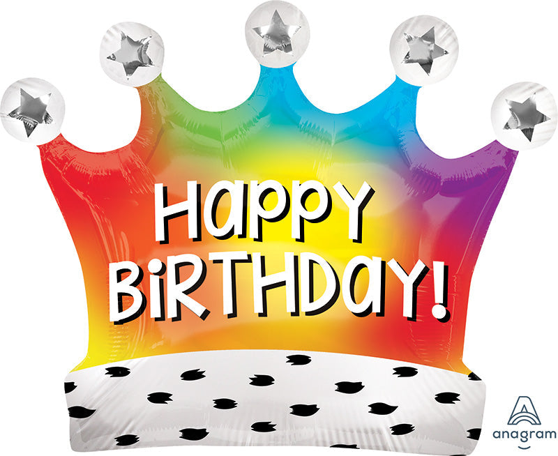 27" Birthday Satin Rainbow Crown SuperShape Foil Balloon