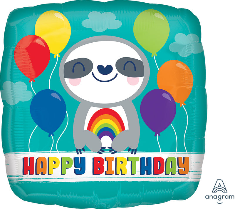 18" Happy Birthday Sloth with Rainbow Foil Balloon