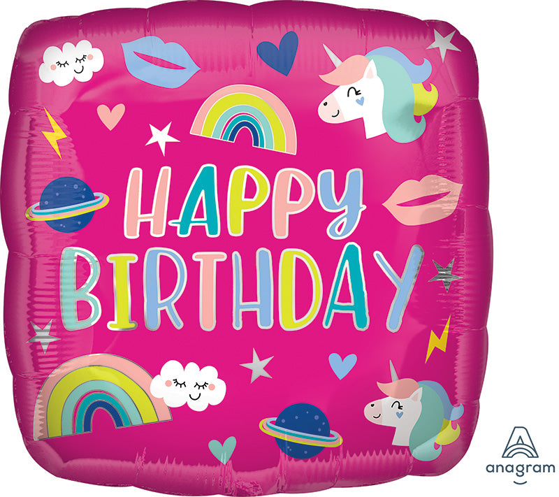 18" Happy Birthday Unicorn Trendy Icons Foil Balloon