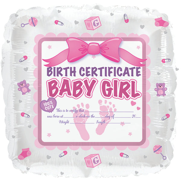 18" Baby Girl Birth Certificate Foil Balloon