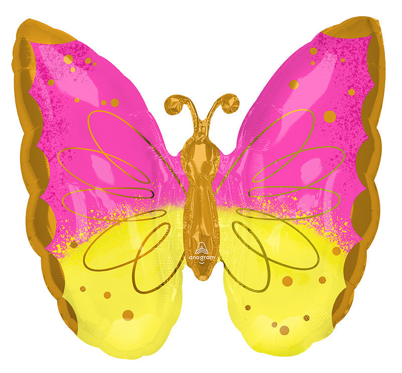 25" SuperShape Pink & Yellow Butterfly Foil Balloon