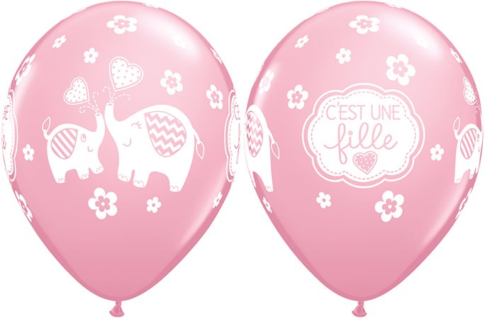 11" Pink (50 Count) C'Est Une Fille Elephants Latex Balloons