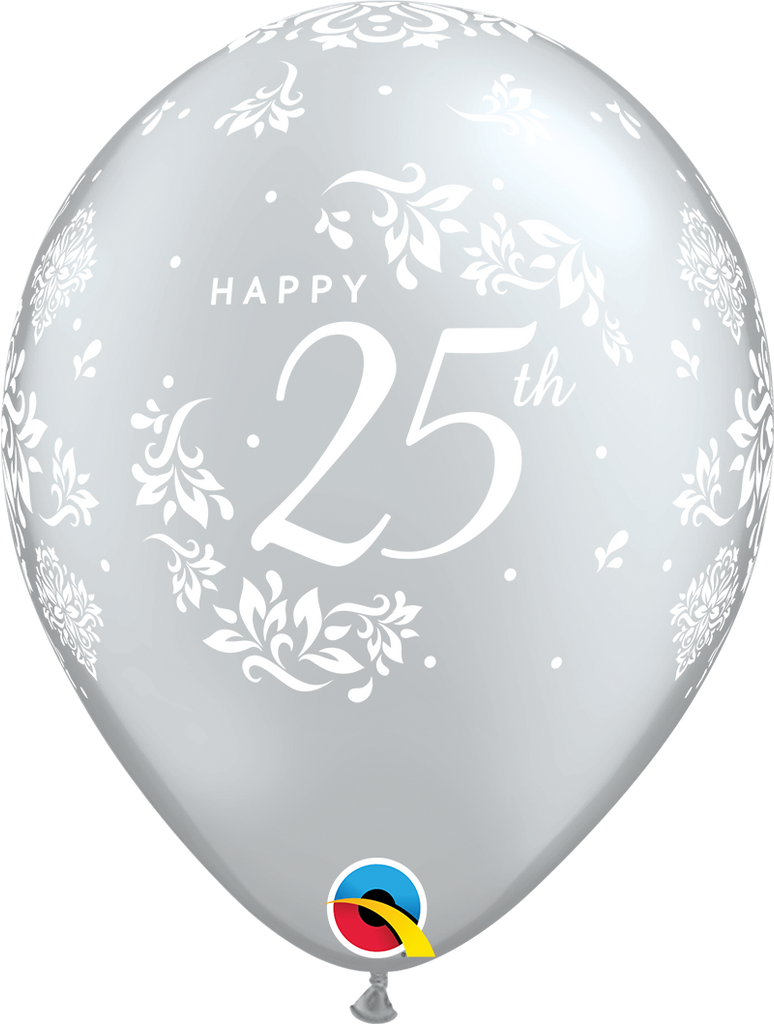 11" Silver (50 Per Bag) 25th Anniversary Damask Latex Balloons