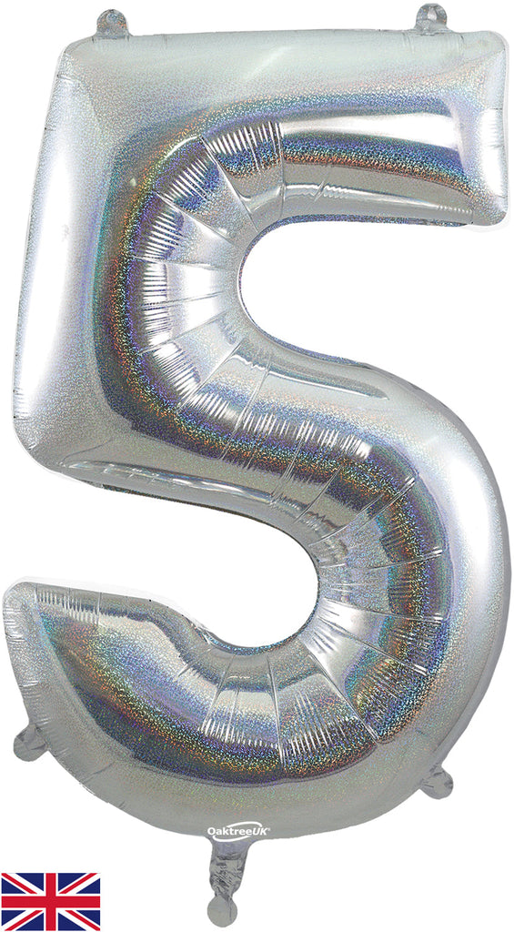 34" Number 5 Holographic Silver Oaktree Foil Balloon