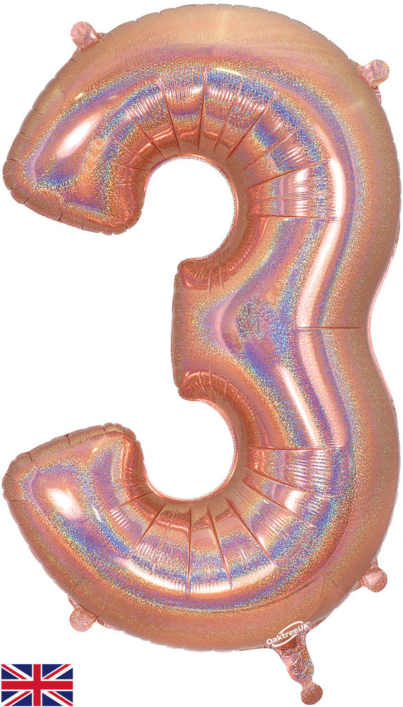 34" Number 3 Holographic Rose Gold Oaktree Foil Balloon