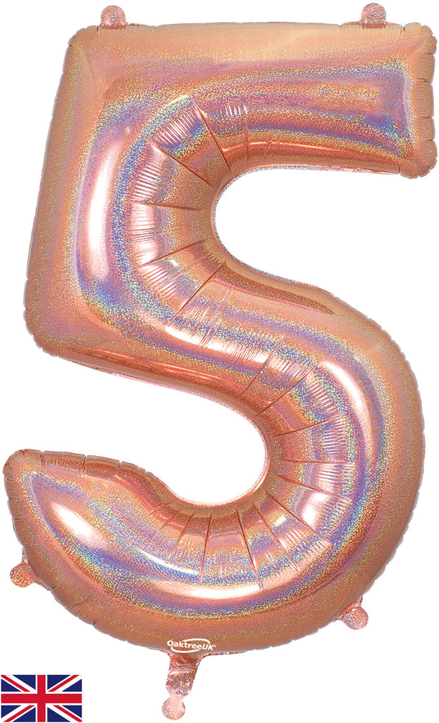 34" Number 5 Holographic Rose Gold Oaktree Foil Balloon
