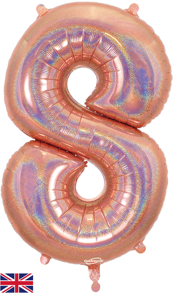 34" Number 8 Holographic Rose Gold Oaktree Foil Balloon