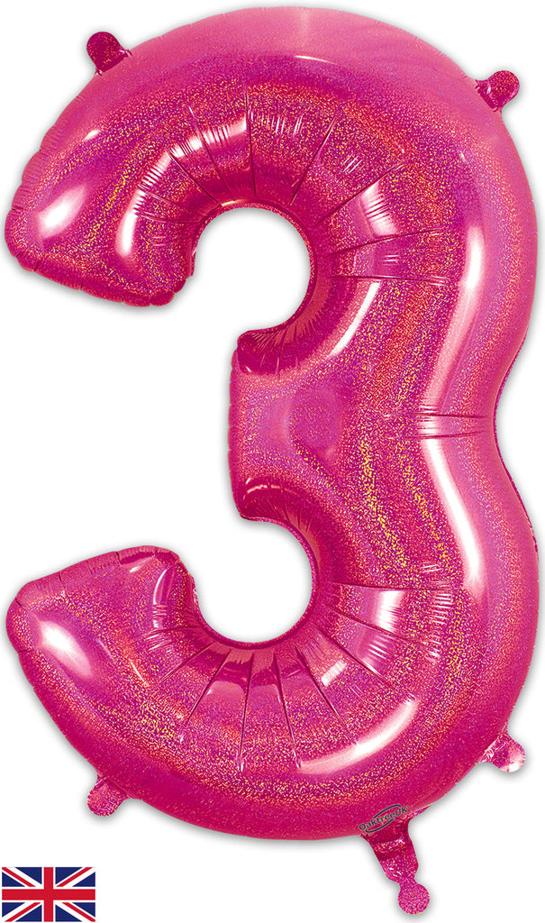 34" Number 3 Holographic Pink Oaktree Foil Balloon