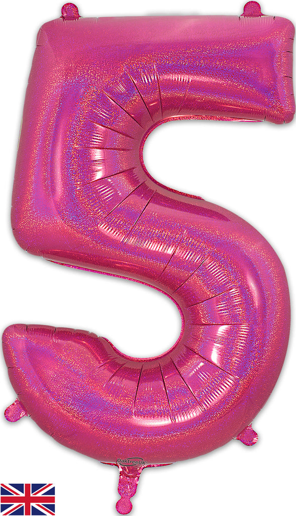 34" Number 5 Holographic Pink Oaktree Foil Balloon