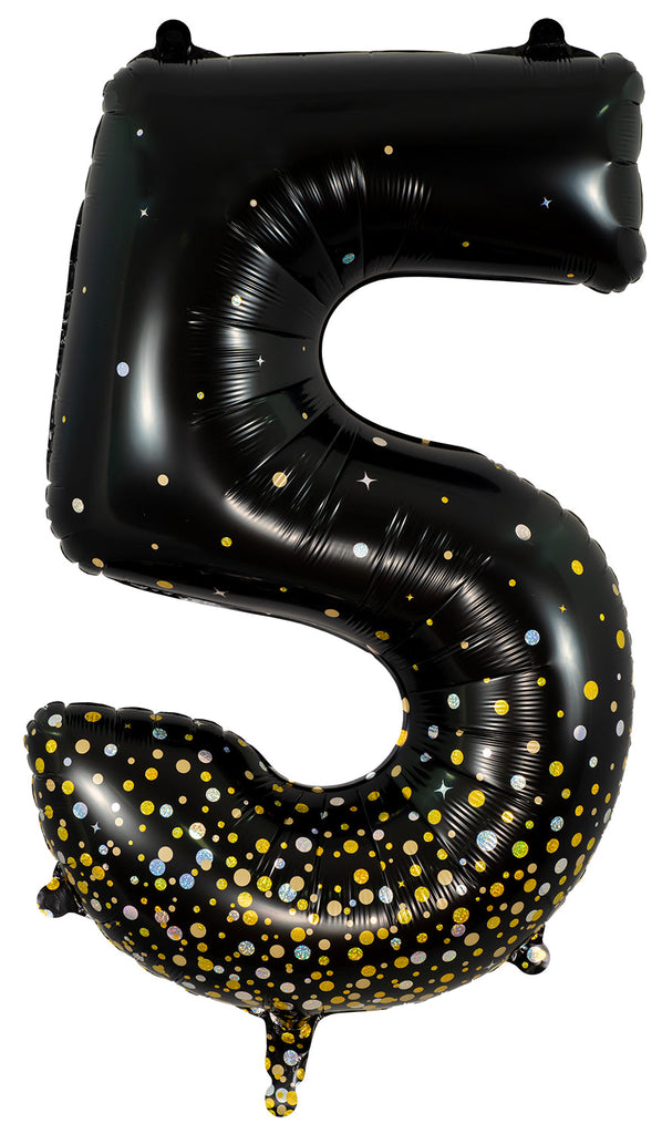 34" Number 5 Fizz Holographic Black Oaktree Foil Balloon