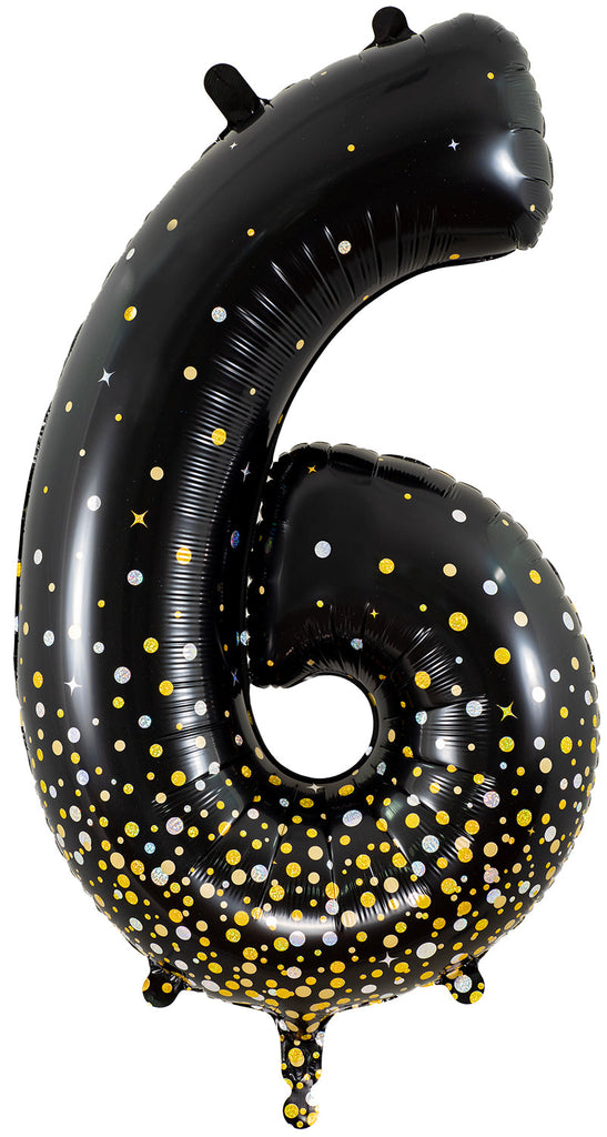 34" Number 6 Fizz Holographic Black Oaktree Foil Balloon