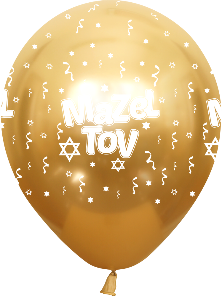 12" Mazel Tov Printed Gold Mirror Kalisan Latex Balloons (25 Per Bag)
