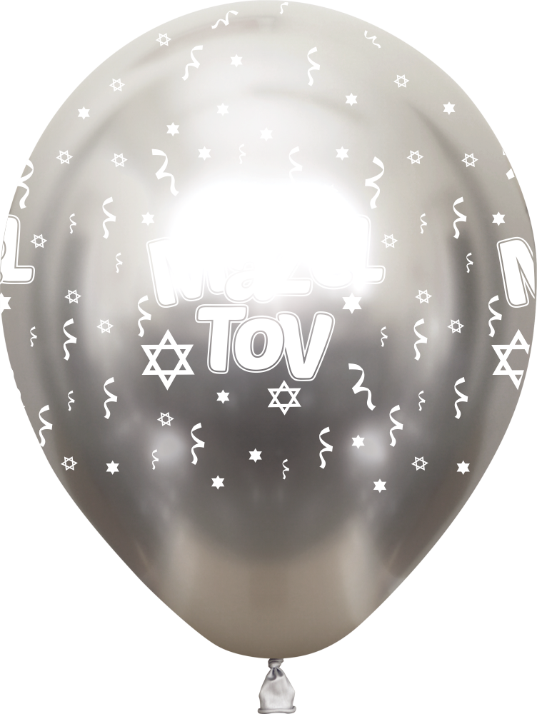 12" Mazel Tov Printed Silver Mirror Kalisan Latex Balloons (25 Per Bag)
