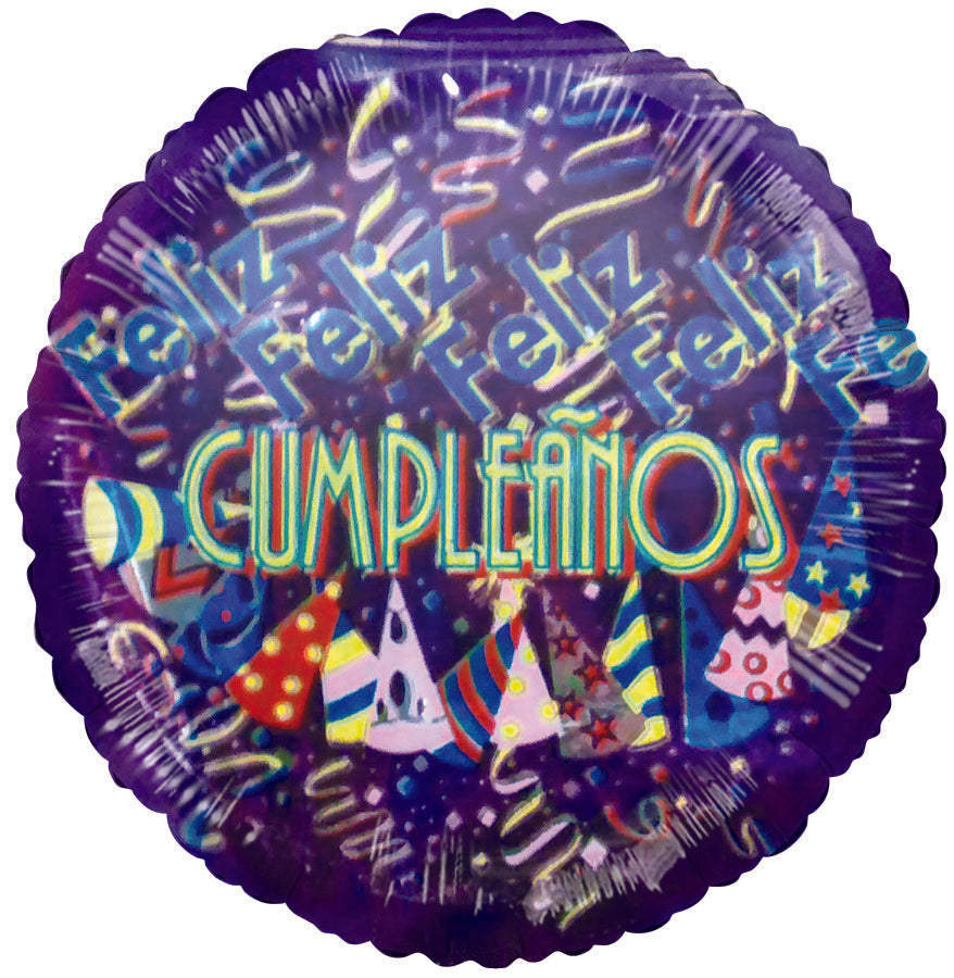 4" Airfill Only Feliz Cumpleanos Purple Hats and Streamers Balloon (Spanish)