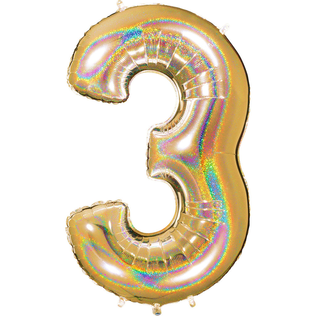 40" Number "3" Gold Glitter Holographic Balloons